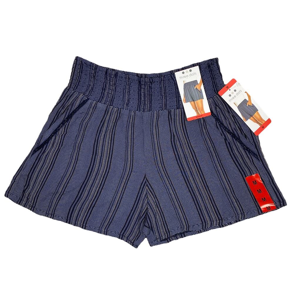 Three Dots Pull On Shorts Size Medium Blue Stripes Coastal Beachy Boho Summer